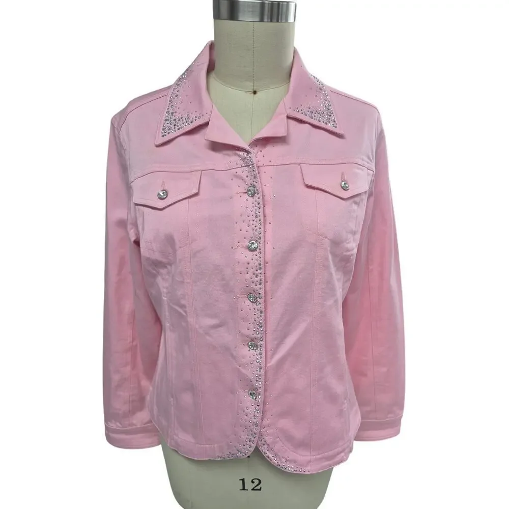 Christine Alexander Cotton/Spandex Pink Denim Jacket + Tank Rhinestones L - Picture 1 of 10